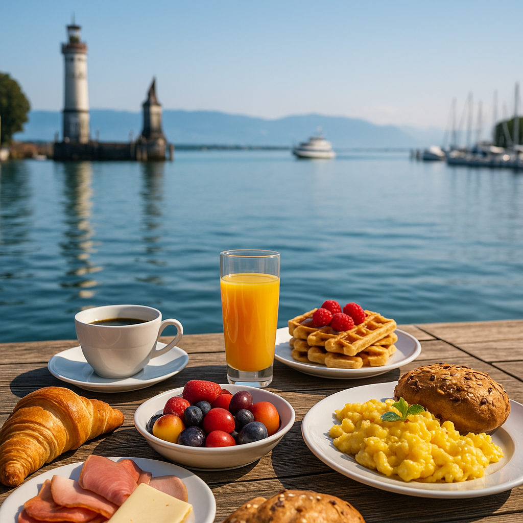 Brunchen am Bodensee – gedeckter Tisch mit Croissant, Rührei, Brötchen, Wurst, Käse, Obst, Waffeln, Orangensaft und Kaffee mit Blick aufs Wasser